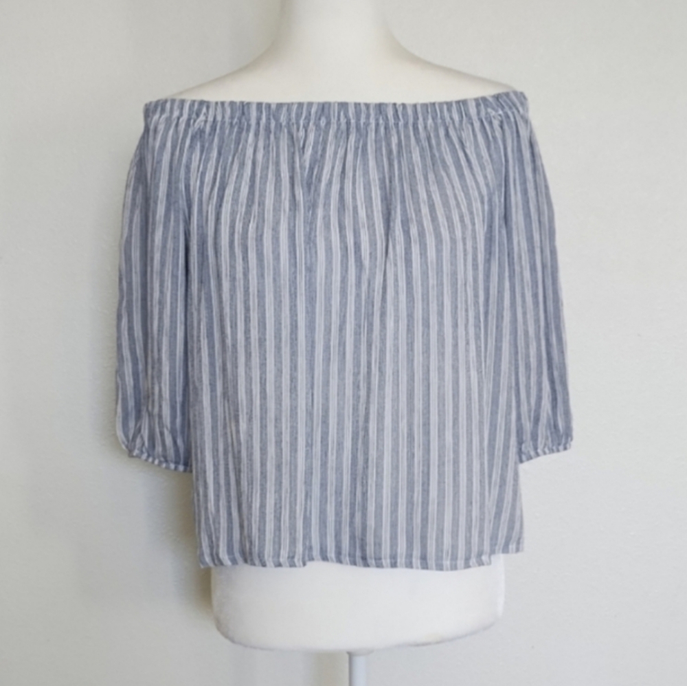 Polly & Esther White & Blue Stripe Off the Shoulder Loose Blouse Size Medium
